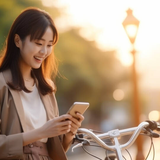 Frau mit Smartphone in der Hand steht neben einem E-Bike