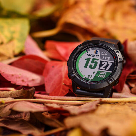 Smartwatch liegt im gelben Laub