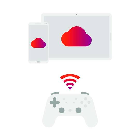 Illustration, unten ein Spielkonsolen Controller, dadrüber ein Smartphone und ein Tablet. 