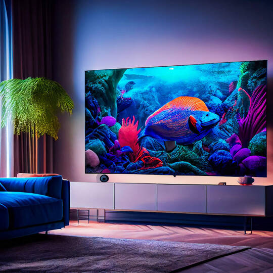 Fernseher mit Bildern von Fischen steht im Wohnzimmer