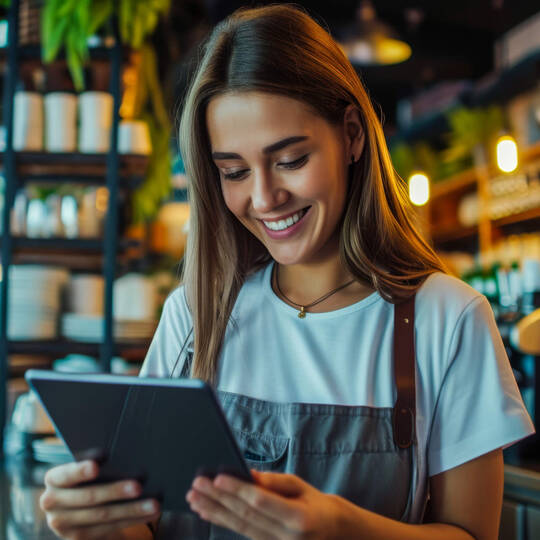 Frau sitzt lächelnd am Tablet