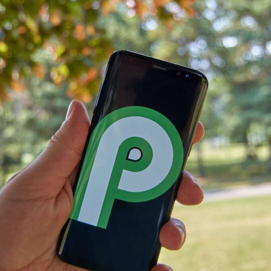 Hand hält Handy mit Android-Pie Logo