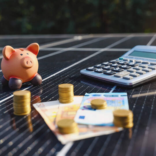Sparschwein und Taschenrechner liegen auf Solaranlage