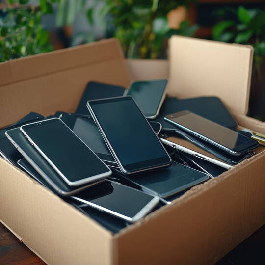 Viele Smartphones liegen aussortiert in einem Karton