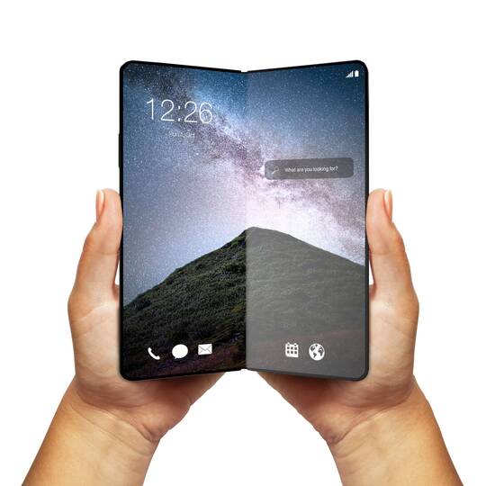 Zwei Hände halten ein faltbares Smartphone mit dem Bildschirm zum Betrachter gezeigt.